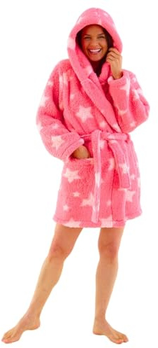 Love To Sleep Womens Girls Novelty Hooded Cosy Fluffy Fleece Robe Gown UK Seller - Star Print - 12/14