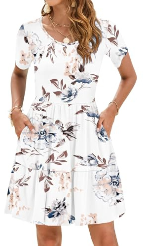 AUSELILY Sommarklänningar Kvinnor Casual Strandklänningar Elegant Kortärmad T-shirt Klänning med plisserad fåll och fickor, Blommig vit, L