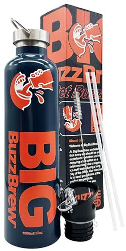 1L Stainless Steel Insulated Sports Water Bottle – 2 Lids, 2 Straws & Brush – Leakproof Double-Wall Flask for Hot & Cold Drinks – Keeps Drinks Hot/Cold 12–24 Hours – Big BuzzBrew