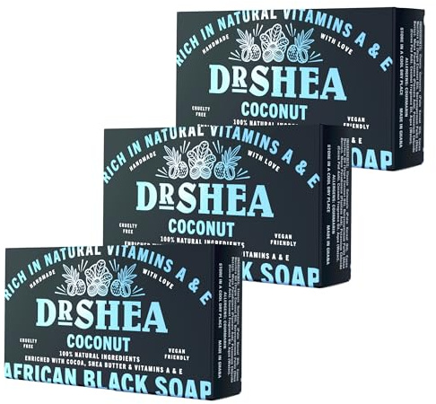 Dr Shea Coconut African Black Soap (3-Pack) - Authentic Raw Face & Body Wash for Acne, Dry Skin & Eczema - Moisturising Coconut Oil - Natural Vegan Cleanser (3 x 100g)