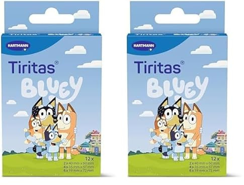 Tiritas Bluey; con los Personajes Emblemáticos de la Serie Bluey; Diseños Surtidos; Bandit, Chilli, Bingo, Bluey; Apósitos Infantiles; 12 Unidades (Paquete de 2)