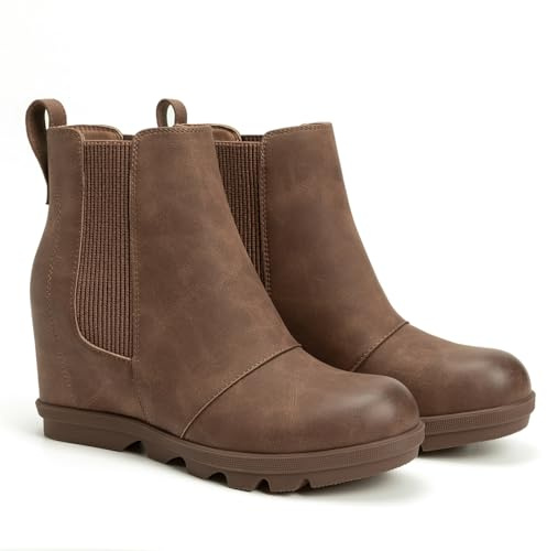 Athlefit Women's Wedge Chelsea Boots Fashion Elastic Slip On Ankle Wedge Booties Dark Brown Size 8