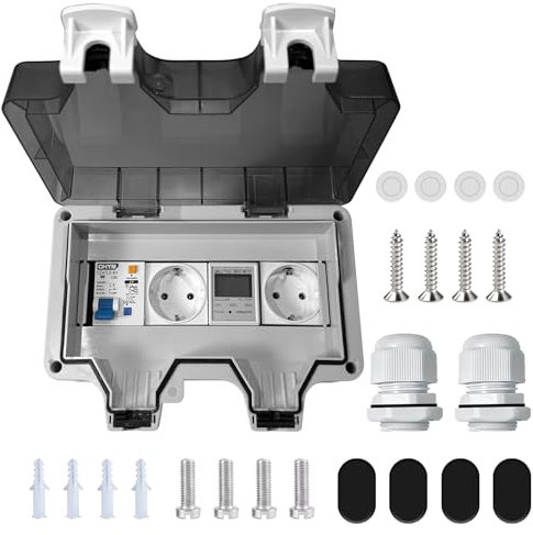 Aufputz Verteilerkasten mit Stromzähler, 230V Stromverteiler, Wandverteilerkästen IP66 mit Fi Schalter 16A und Steckdose, wasserdichte Aufputz Verteiler für Indoor/Outdoor, 8 Modules