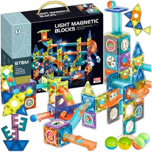 KRUMAD Magnetische Bausteine 110 Teile - Magnetspielzeug mit Licht & Kugelbahn für Kinder ab 3 Jahren - Magnetkonstruktion, Leuchtende Elemente & Lernaufkleber - Kreatives Geschenk für Kinder