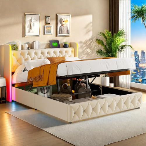 OLIVIBED Letto Matrimoniale con Contenitore 140x200 cm, Letto Imbottito con Testiera e Sollevamento, Struttura del Letto con Rete a Doghe in Metallo, Tessuto Velluto, Senza Materasso, Beige