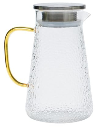 SOLUSTRE Delicate Glass Pitcher Water Carafe 1300ml Cool-resistant Borosilicate Glass Jug with Stainless Steel Lid for Household Juice and Cold Beverage Serving