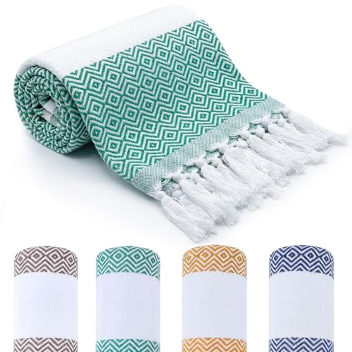 Nuenen 4er Set Hamamtuch Saunahandtuch 100 x 180 cm Leichtes Schnell Trocknendes Strandtuch aus Baumwolle Platzsparend für Reise Sauna Yoga Urlaub Weich Stilvoll (Blau, Grün, Braun, Gelb)