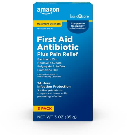 Amazon Basic Care Maximum Strength First Aid Triple Antibiotic Ointment, Pain Relief For Minor Cuts, Scrapes and Burns, 3 Ounces