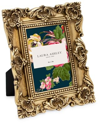 Laura Ashley - Marco de fotos de resina hecho a mano con caballete y gancho para mesa y pared, diseño floral decorativo para decoración del hogar, galería de fotos, arte y más (5 x 7 cm, dorado)