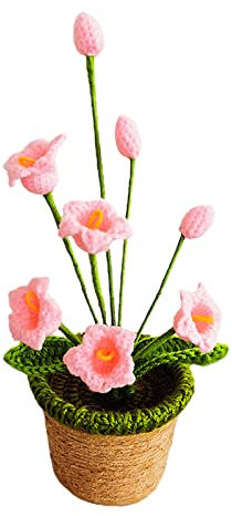 EESLL Künstliche gestrickte Wollblumen, beflockte Glocke, Orchidee, Blumenbündel, Wolle, gehäkelte Glocke, Orchidee, künstliche Blumen mit Töpfen für Heimdekoration