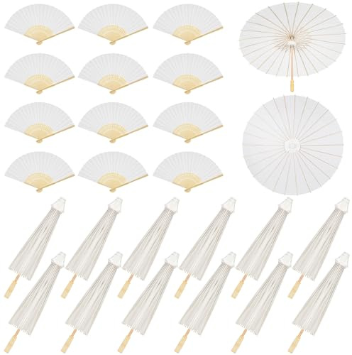 Paterr 24 Pcs 33'' Paper Umbrellas 8'' Paper Fans Decorative Chinese Japanese Parasol DIY Painting Crafts for Wedding Bridal Party Favor Photography Prop, White