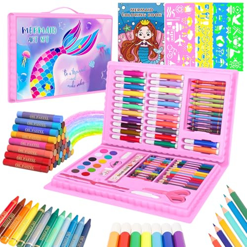 CutteeyFyry Färgset för barn i åldern 3-9, sjöjungfrukonstset för barn, flickor ritning set med oljepasteller, kritor, färgpennor, målarbok, barn färgset och konst och hantverk för barn