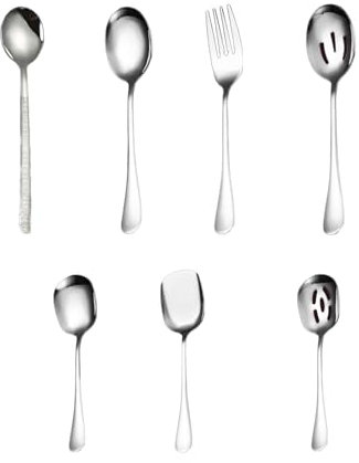 Yuiturt 7-Piece Serving Spoon and Fork Set, 4 Serving Spoons and 2 Slotted Spoons and 1 Serving Forks, Large Serving Cutlery Set, Modern Silverware Set Durable Silverware for Parties, Banquets
