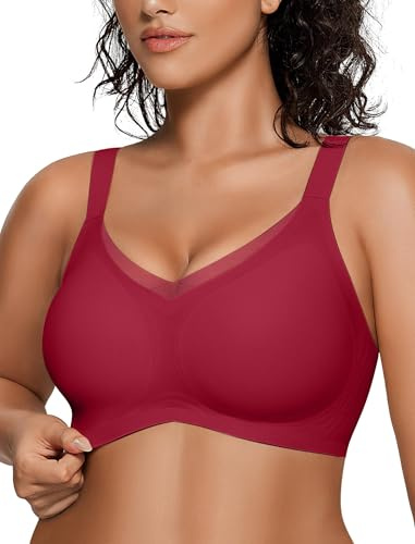 OEAK Womens Wireless Jelly Bras V Mesh Comfortable Bralette Supportive Tshirt Bra No Underwire Seamless Push Up Everyday Bras, Red, XL