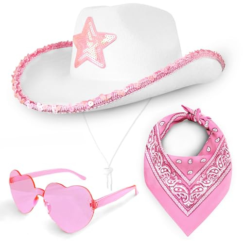 Cowboy Hat 3 Piece Set for Women (White Hat with Pink Star, Pink Paisley Bandana & Heart Sunglasses) Cowgirl Costume Accessories for Fancy Dress Festivals