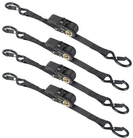 Set di cinghie a cricchetto da 4 pezzi con ganci a S, cinghie a cricchetto monoblocco, 5 m x 25 mm, 340 kg/680 kg, per motociclette, kayak e camion, nere