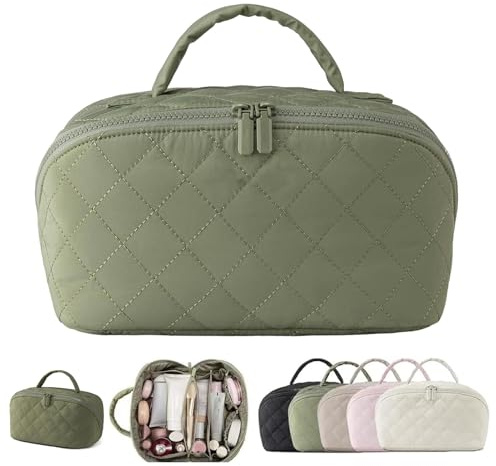 Make Up Bags for Women, Womens Travel Makeup Bag, Large Wide-Open, Leak-Proof Quilted Makeup Bag with Compartments Army Green