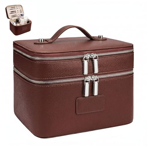 idoltimes Makeup Case, Large Capacity Leather Makeup Bag for Women,Large Capacity Waterproof Double Leather Cosmetic Case,Removable Compartment Travel Organizer