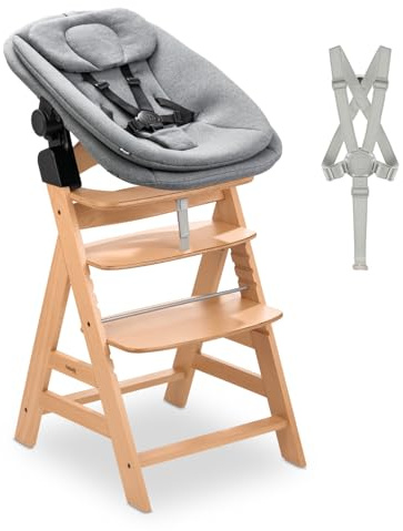 hauck Alpha Newborn Set Pro - Babyhochstuhl mit Newborn Aufsatz ab Geburt, Mitwachsender Holzhochstuhl aus Buche bis 90 kg mit 5 Punkt Gurt, Schrittgurt, Schutzbügel, Nature Grey