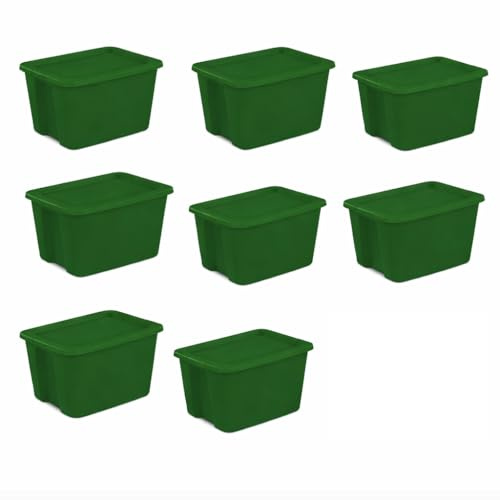 Green 8-Pack 18 Gallon Plastic Storage Bins with Snap-On Lids, Stackable Lidded Containers with Comfortable Integrated Handles for Camping Gear, Sports Equipment, Tools, Blankets & Sleeping Bags