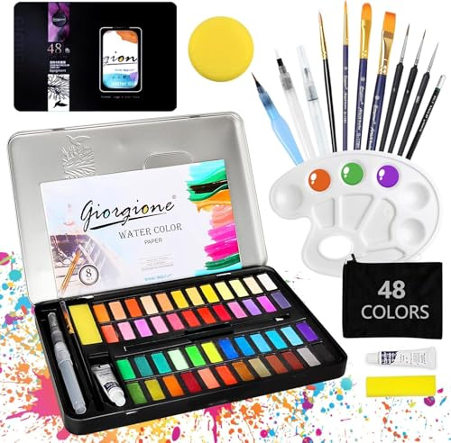 JOTOL Set di Acquerelli Professionali 48 Colori,Set Di Pittura Ad Acquerello,Scatola Acquerelli Professionali Pieghevole Con Pennello Acqua Brush E Spugne