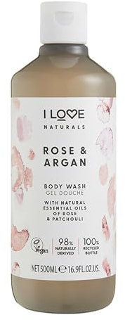 I Love Naturals Rose & Argan Body Wash, Natural Oils Of Rose & Patchouli, Formulated Using Essential Oils For Silky Smooth & Moisturised Skin, 500ml
