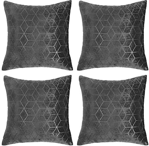 Sienna Metallic Geo Pack of 4 x Square Cushion Covers 45cm x 45cm Home Sofa Couch Set, 18 x 18 – Charcoal Grey