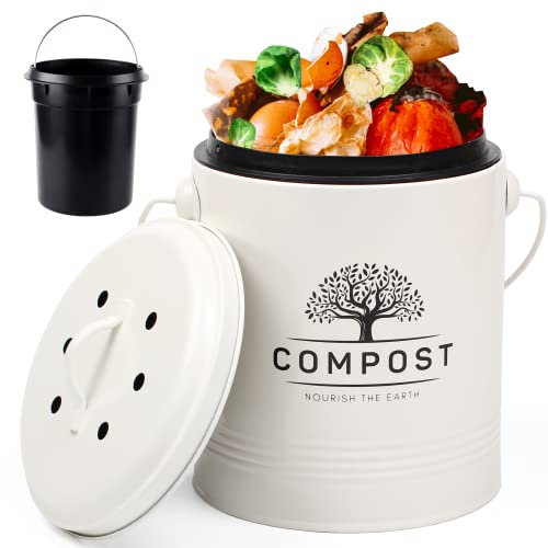 Perfnique Kitchen Compost Bin, 5 Liter/1.3 Gallon Countertop Compost Bin with Lid, Indoor Compost Bucket Includes Inner Bucket Liner and Carbon Filter, Small Compost Bin