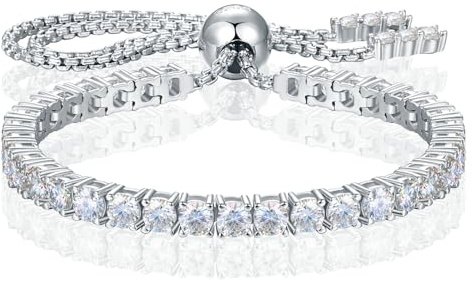 Moissanite - Braccialetto tennis regolabile da donna in argento Sterling S925 placcato in oro bianco 18 carati, colore D, VVS1, taglio rotondo, 2/3/4 mm, regalo per moglie/mamma, 10inch, Oro bianco
