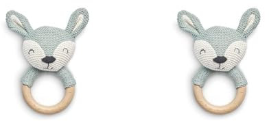 Jollein Holz Beißring Deer Ash Green - Hirsch Holzspielzeug - Rassel Greifling - Gestrickte Baumwolle - Zahnungshilfe Baby Spielzeug - Grün (2er Pack)
