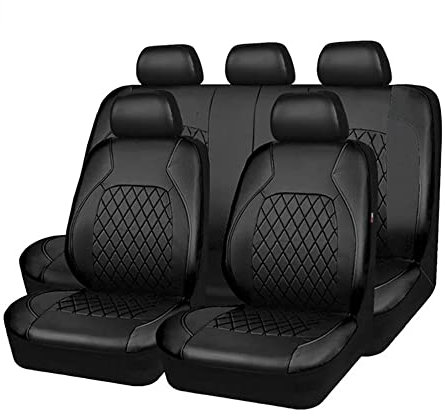 Fesjoy Juego completo de 9 fundas de asiento de coche de piel sintética universales para el interior del coche, para vehículos todoterreno, lavables, fáciles de colocar, tamaño universal, dobladillos