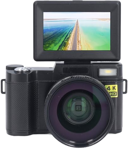 Fotocamera Digitale 4K HD, Fotocamera da 48 MP con Schermo Ribaltabile a 180 Gradi, Fotocamera con Messa a Fuoco Automatica con Schermo da 3 Pollici, Batteria da 800 MAh, 128 GB