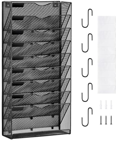 VEVOR File Wall Rack, One-Piece 10 Pockets Mesh Wall File Holder, Wall Mounted Magazine Mail Paper & Document Storage Folder, Metal Wall File Organizer with Nametag Label, for Office Home & School