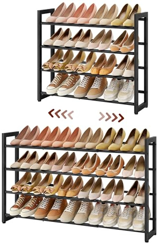 FAVOOSTY 4 Ebenen Schuhregal Metall Ausziehbares Schwarz, Verstellbar Platzsparend, Shoes Rack, Robustes Schuhständer für Eingangsbereich, Schlafzimmer