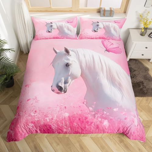 Homemissing White Horse Duvet Cover Set Double Children'S Girls Wildlife Bedding Set Horse And Printed Duvet Cover with 2 Pillowcase White Pink Cute Horse Pattern Bedding
