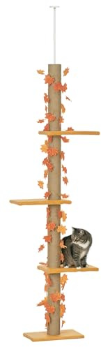PawHut Arbre à Chat, Tour de Jeux pour Chats, Hauteur réglable 202-242 cm, Feuilles décoratif, griffoir et Plateformes, Arbre à Chat en Tissu Peluche, Orange