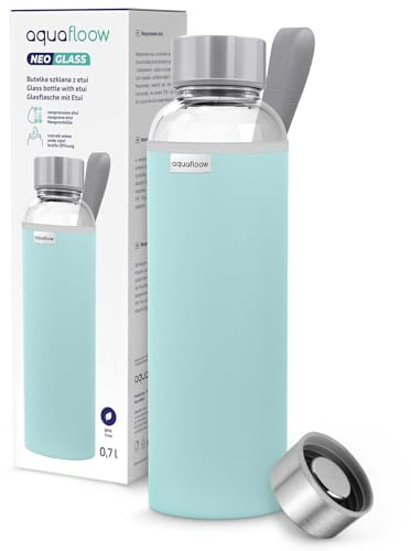 Aquafloow Borraccia con Custodia 700 ml, in Vetro borraccia acqua Borosilicato Trasparente con Coperchio Protettivo e Tappo a Vite, Ideale per Lavoro, Scuola, Fitnes – Bleu clair