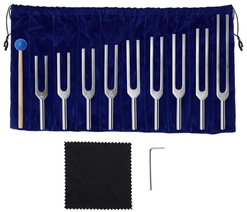 Ollanoos 9 PCS Solfeggio Stimmgabel-Set, mit Silikonhammer und Aufbewahrungstasche, 174/285/396/417/528/639/741/852/963 Hz, geeignet für Therapie, Klangheilung und Medizinische Anwendungen