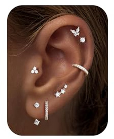 TINGN 7 Paar Hypoallergen Ohrringes Silber Set für Damen 14K Vergoldet Kleine Ohrstecker Stapelbar Zirkonia Ohrstecker Creolen Ohrringe Helix Piercings Ohr für Mehrere Piercings