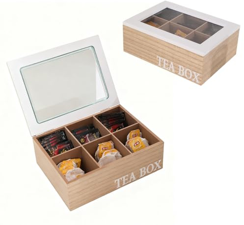 PYSYY Vintage Burlywood Wooden Tea Organizer Box with White Glass Lid, 6 Compartments Tea Bag Organizer, 9 Inches Storage Organizer, Tea Storage Chest, Kitchen Storage Chest Box (Large)