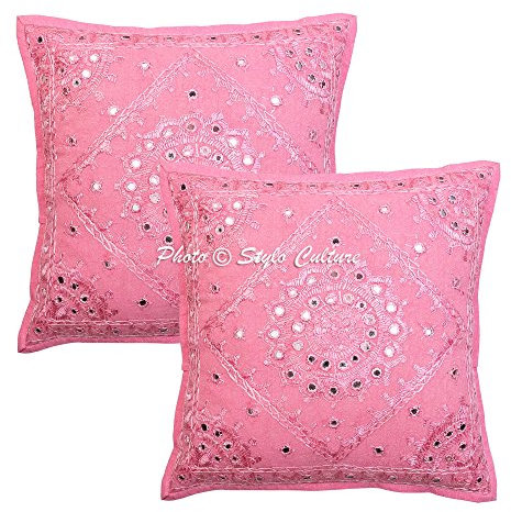 Stylo Culture Indio Fundas para Almohadones Decorativos 40x40 cm Algodón Espejado Fundas Cojines Dormitorio Rosa Bebé 16x16 Inch Bordado Cuadrado sobre Fundas para Cojines De Sofas - 2 Pcs