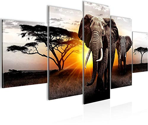Väggmålningar Afrika Elephant 5 Delar Bild på non-woven canvas dekorations vardagsrum Panorama Grå Orange 007652a