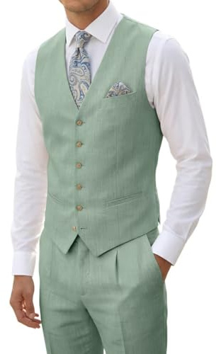 High-End Suits Light Green Linen Men Suits Vest Pant 2 Pieces Summer Linen Tuxedos Casual Vest Wedding Suits for Groomsmen Slim Fit lg-3832