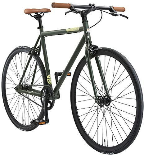 BIKESTAR Singlespeed 700C 28 Zoll City Stadt Fahrrad Fixie | 53 cm Rahmen Rennrad Retro Vintage Herren Damen Rad | Grün & Beige | Risikofrei Testen