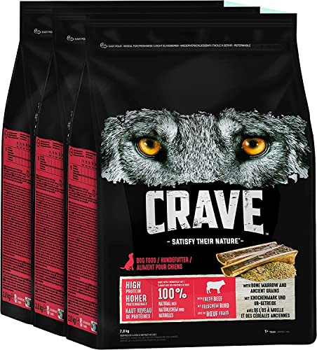 Crave Premium torrfoder nötkött med benmärg och urspannmål för hundar – spannmålsfri vuxen hundmat med hög proteinhalt – 3 x 2,8 kg