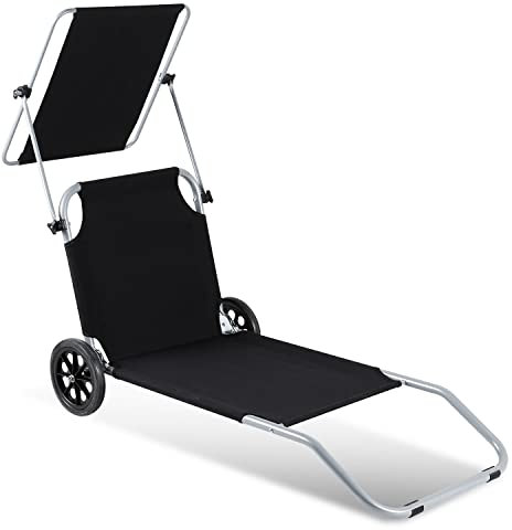Yakimz Tumbona de jardín plegable con protección solar 2 ruedas, tumbona plegable plegable con ruedas para la playa, respaldo ajustable, color negro