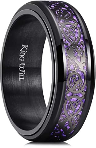 King Will Mens Spinner 8mm Stainless Steel Ring Anxiety Fidget Ring Black Celtic Dragon Purple Carbon Fiber Inlay Fidget Wedding Ring 12