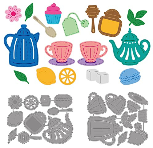 GLOBLELAND 2 Pz Utensili da tè Fustelle tè Pomeridiano Goffratura Stencil Tazza da tè Teiera Decorazioni Modello Muore per L'Ora del tè Tema Carta Scrapbooking e Artigianato Fai-da-Te Album Carta
