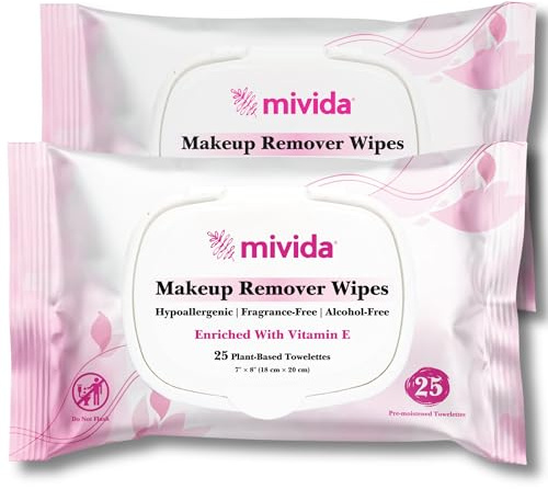 mivida Hypoallergenic Makeup Remover Wipes With Vitamin E, Dermatologist Tested, Alcohol Free & Fragrance Free Makeup Wipes For Sensitive Skin Make Up Remover, Travel Friendly 2 × 25 Count