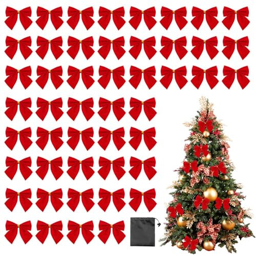 AYNKH 48 Piece Red Bows with Storage Bag, Christmas Tree Decorations Small Ornaments Glitter Wreaths Xmas Present Ribbon for Home Party